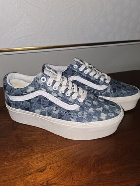 Vans Blue Denim Check Low-Top Sneakers with White Laces